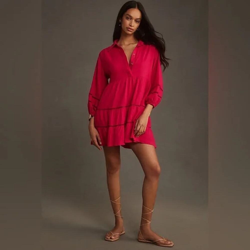 Anthropologie Maeve Bettina Tiered Mini Shirt Dress Linen Women's 1X Hot Pink - Picture 15 of 16